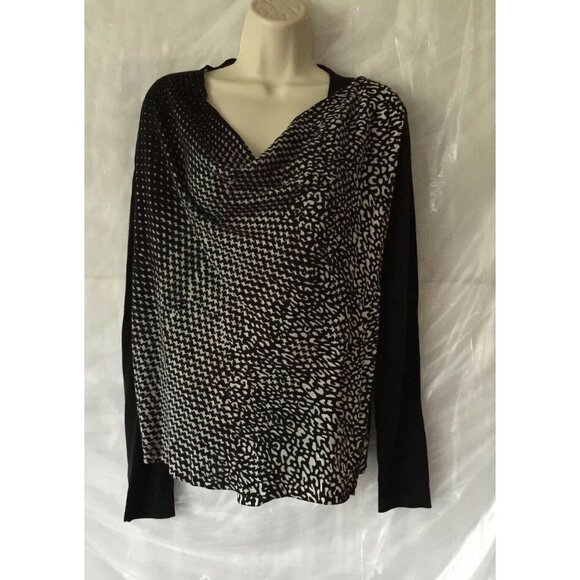 New Directions Sweater PM Drape Neck Black White Mixed Print Shoulder Zip Goth - Picture 2 of 12